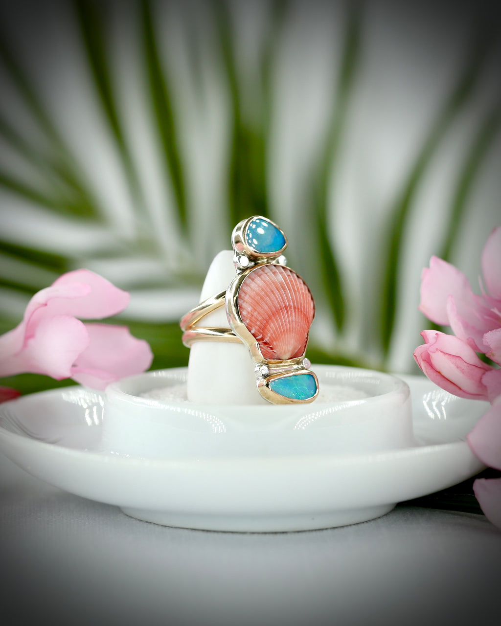 Pink Scallop Shell & Opal Ring - 14k Gold Fill Size 7.5