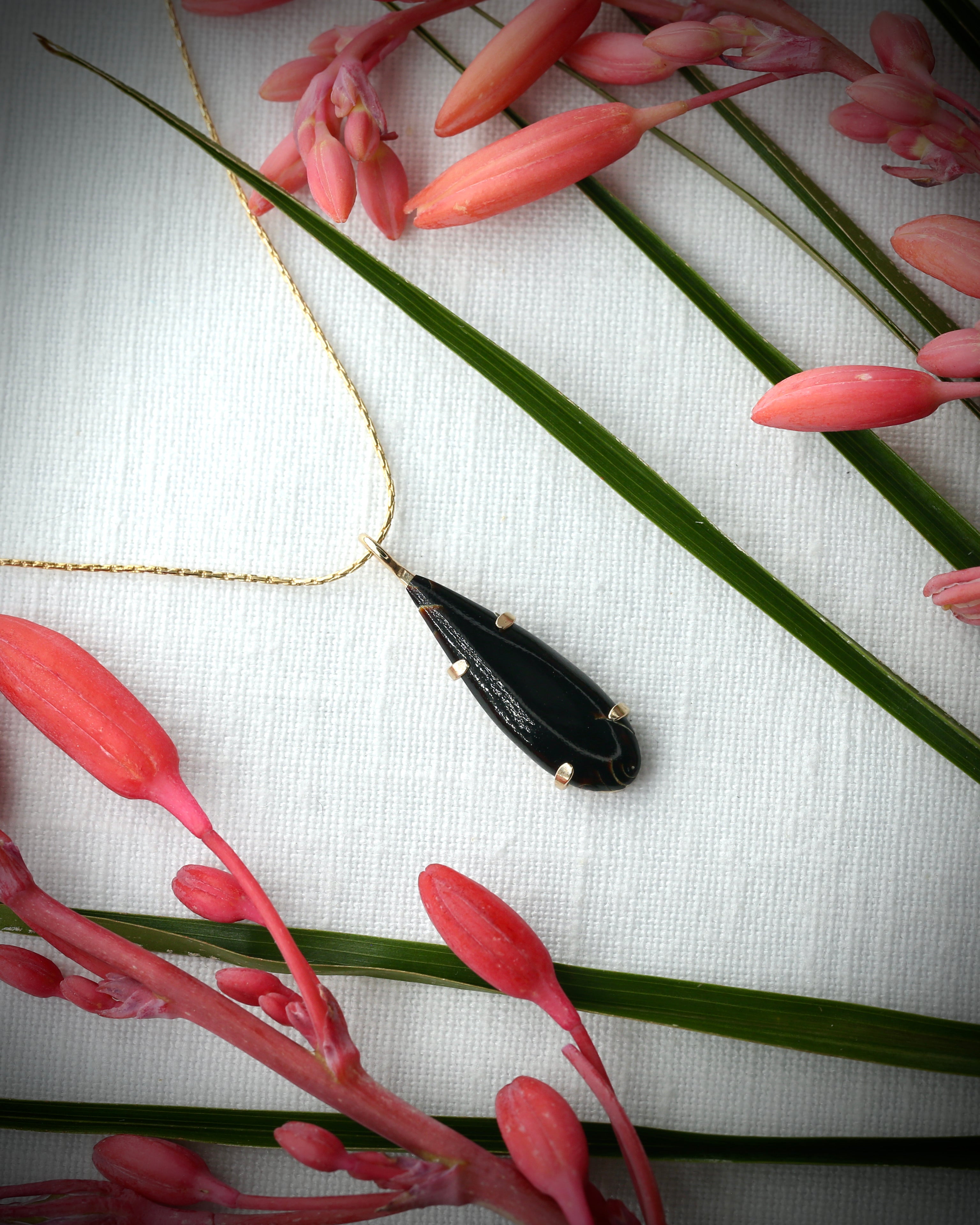 Vintage Hawaiian Black Coral Teardrop Necklace - 14k Gold Filled Prong Set Pendant