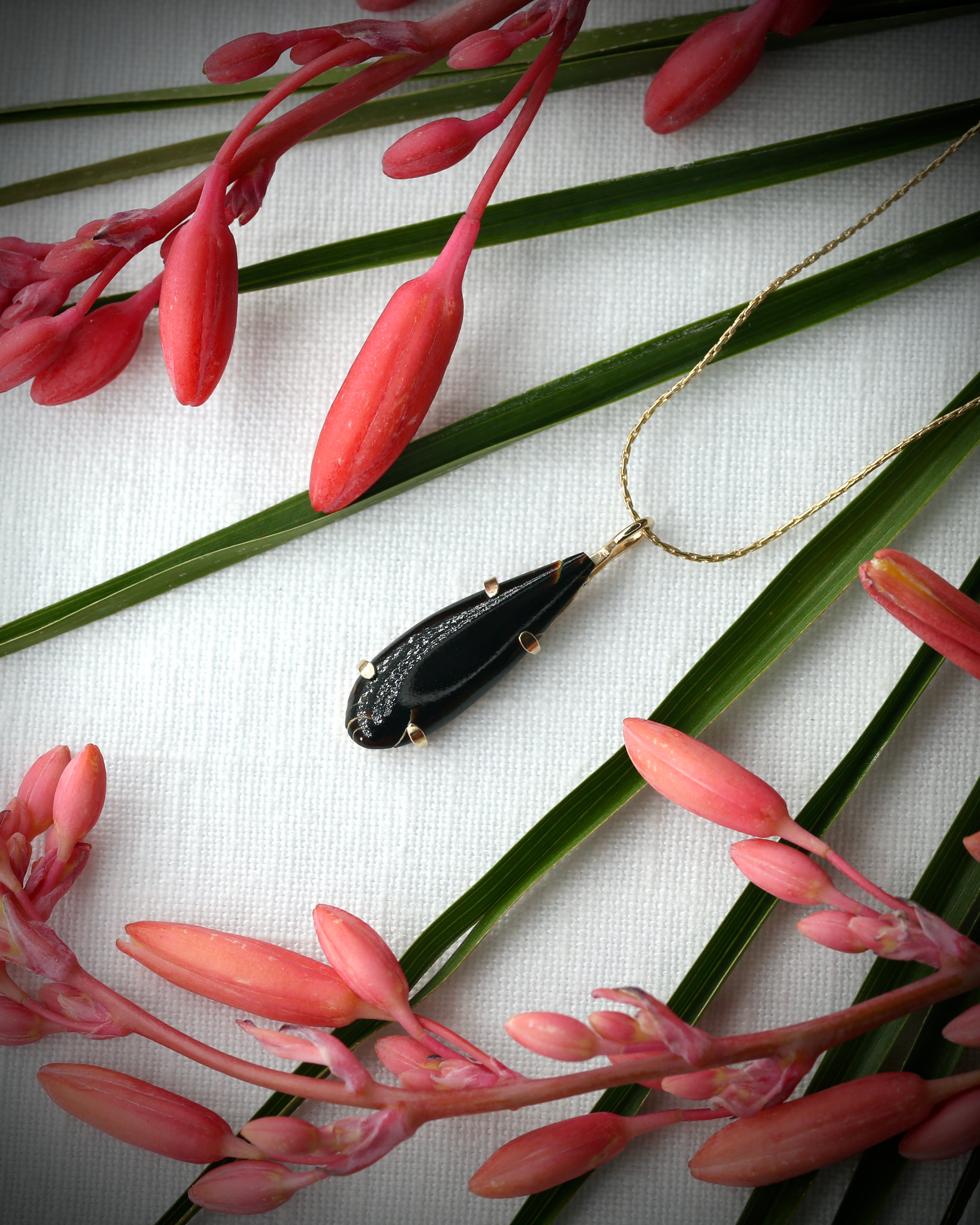 Hawaiian black coral teardrop necklace in 14k gold fill