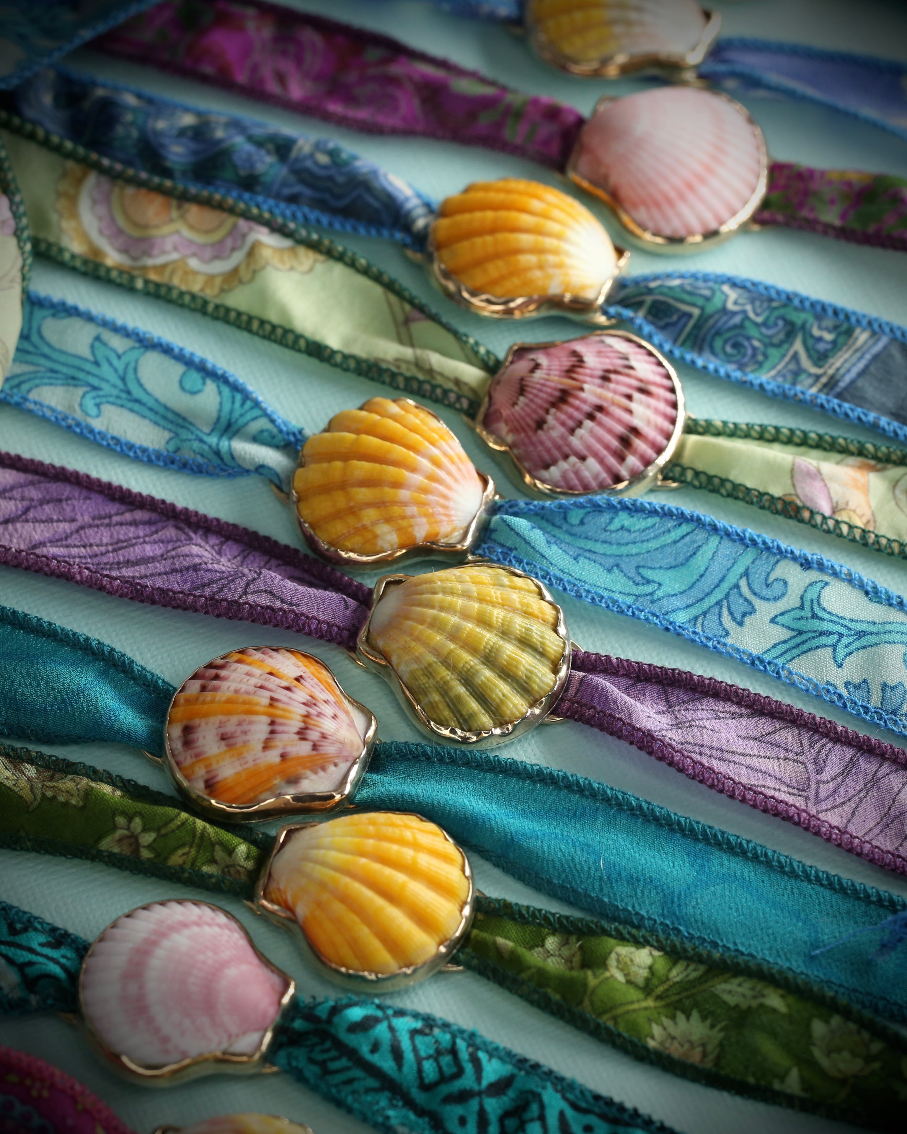 Mermaid Wrap Bracelet Recycled Sari Silk - Sunrise Or Pink Scallop Shell