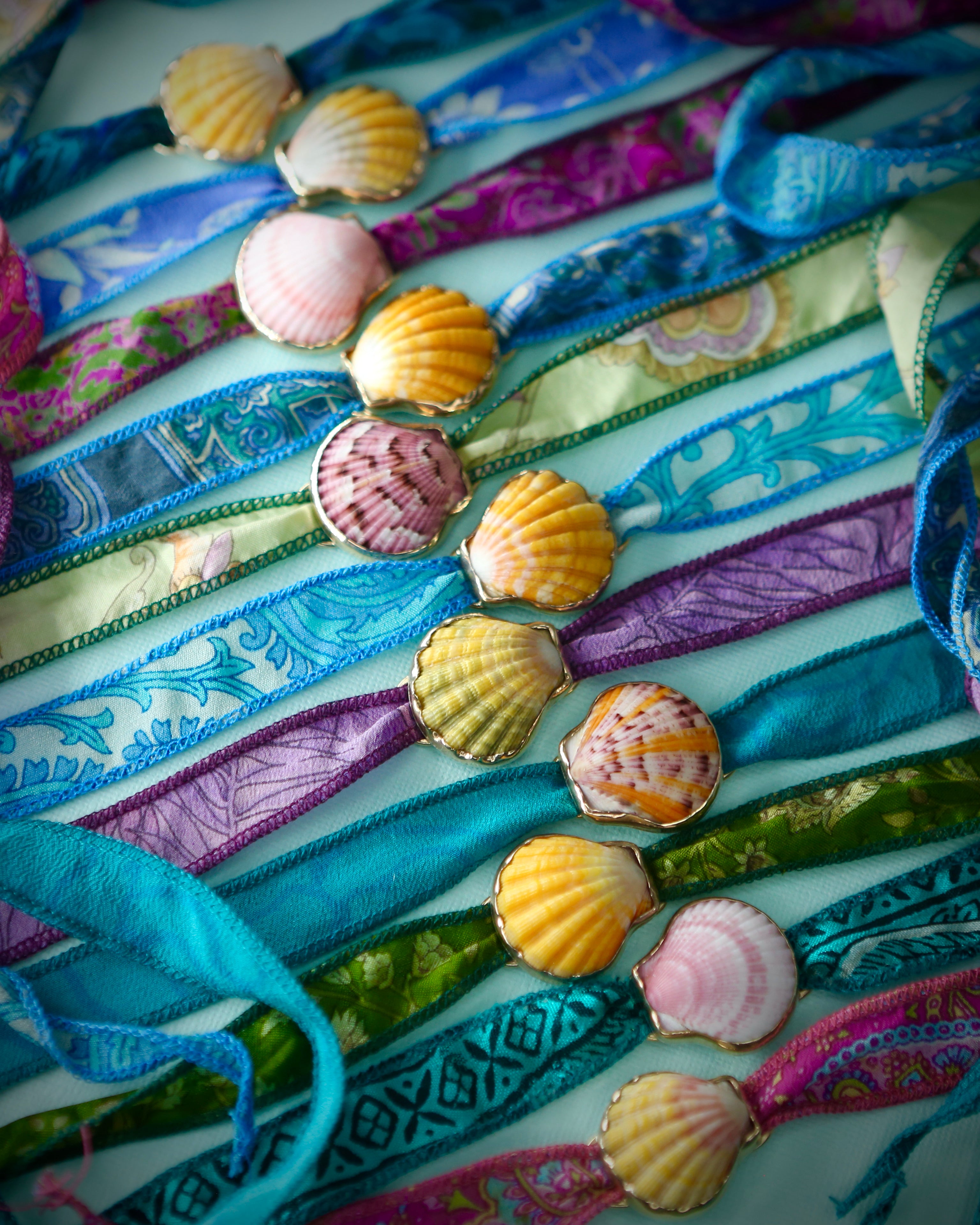 Mermaid Wrap Bracelet Recycled Sari Silk - Sunrise Or Pink Scallop Shell