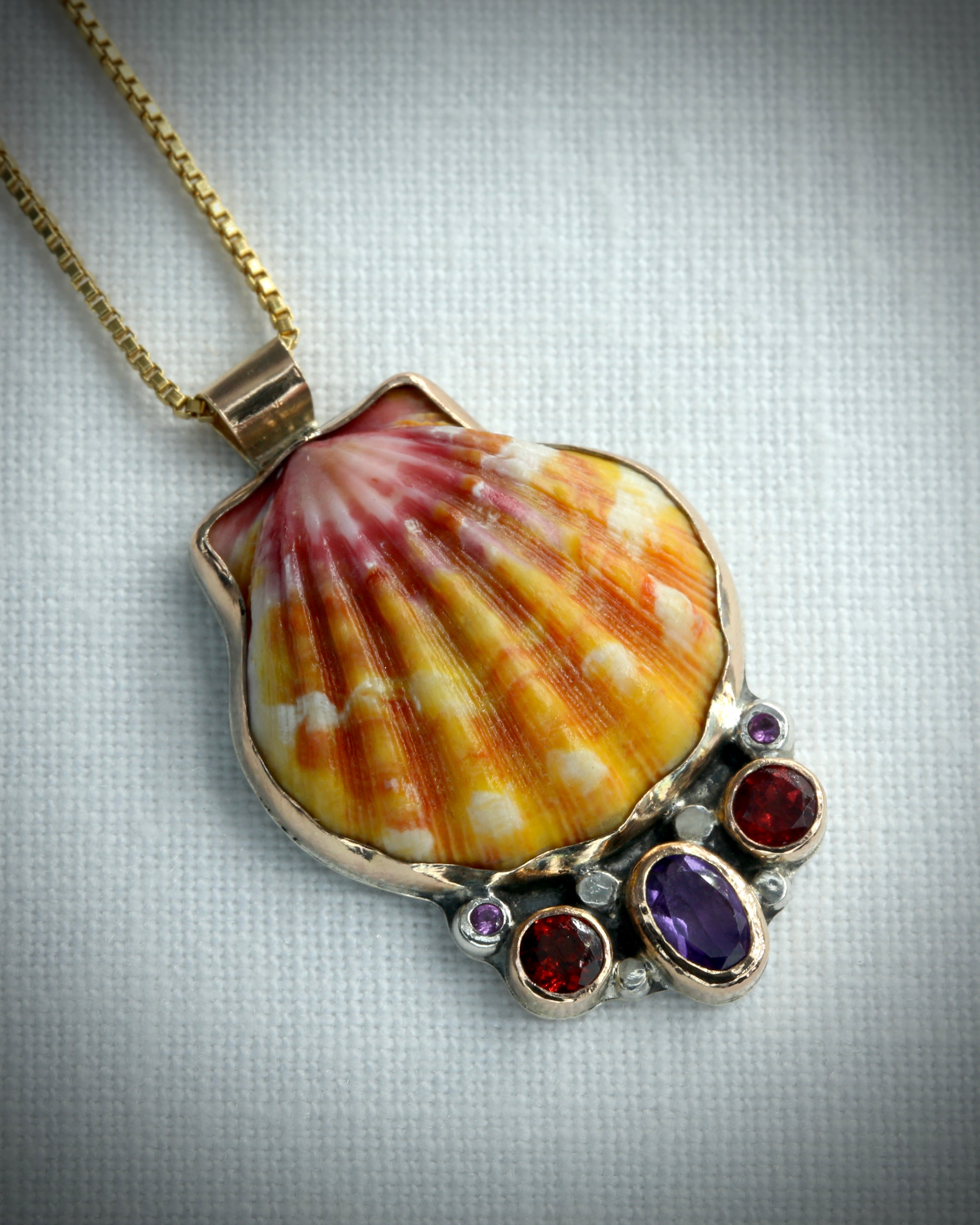 Hawaiian Sunrise Shell Sapphire and Amethyst Necklace