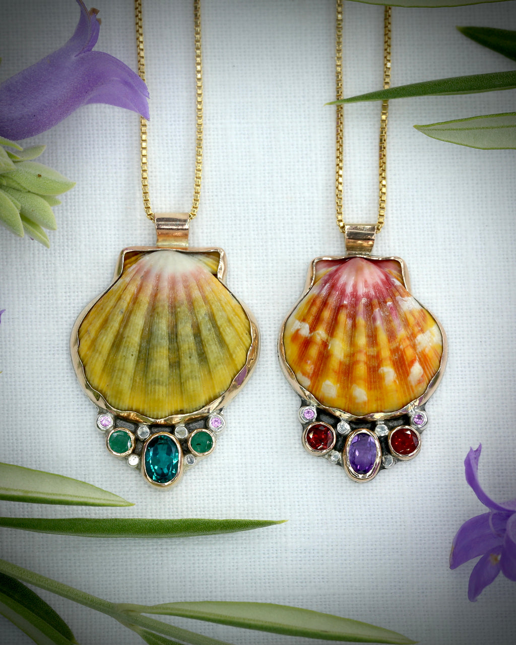 Hawaiian Sunrise Shell Sapphire and Amethyst Necklace