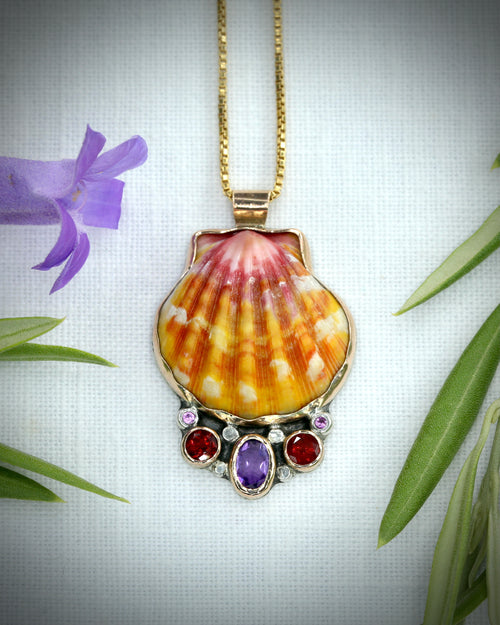 Hawaiian sunrise shell necklace with African amethyst, deep pink sapphires, and tiny pink tourmalines in 14K gold fill
