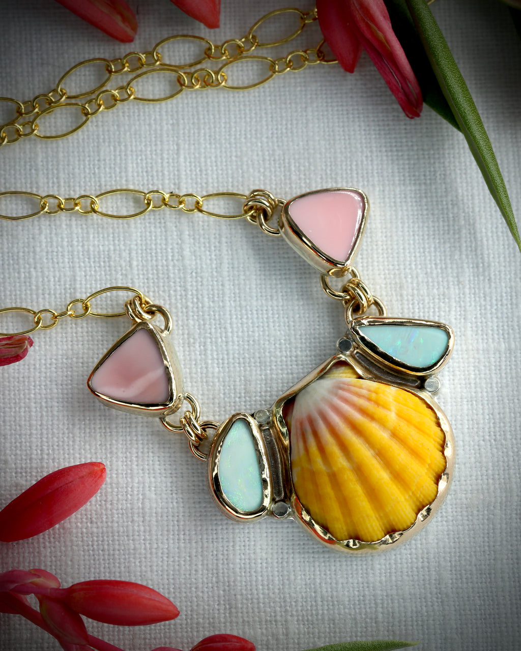 Sunrise Shell Pink Conch and Opal Necklace