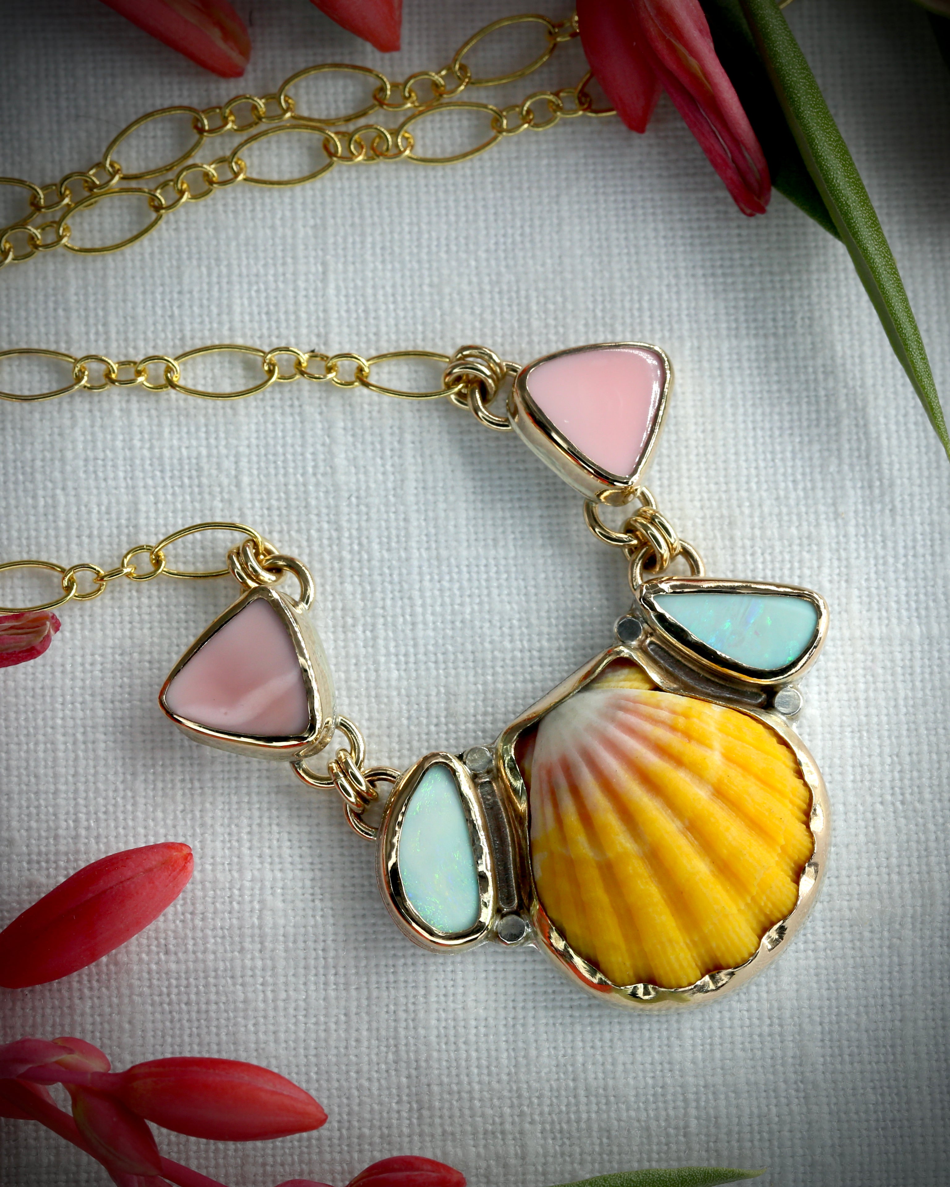 Sunrise Shell Pink Conch and Opal Necklace