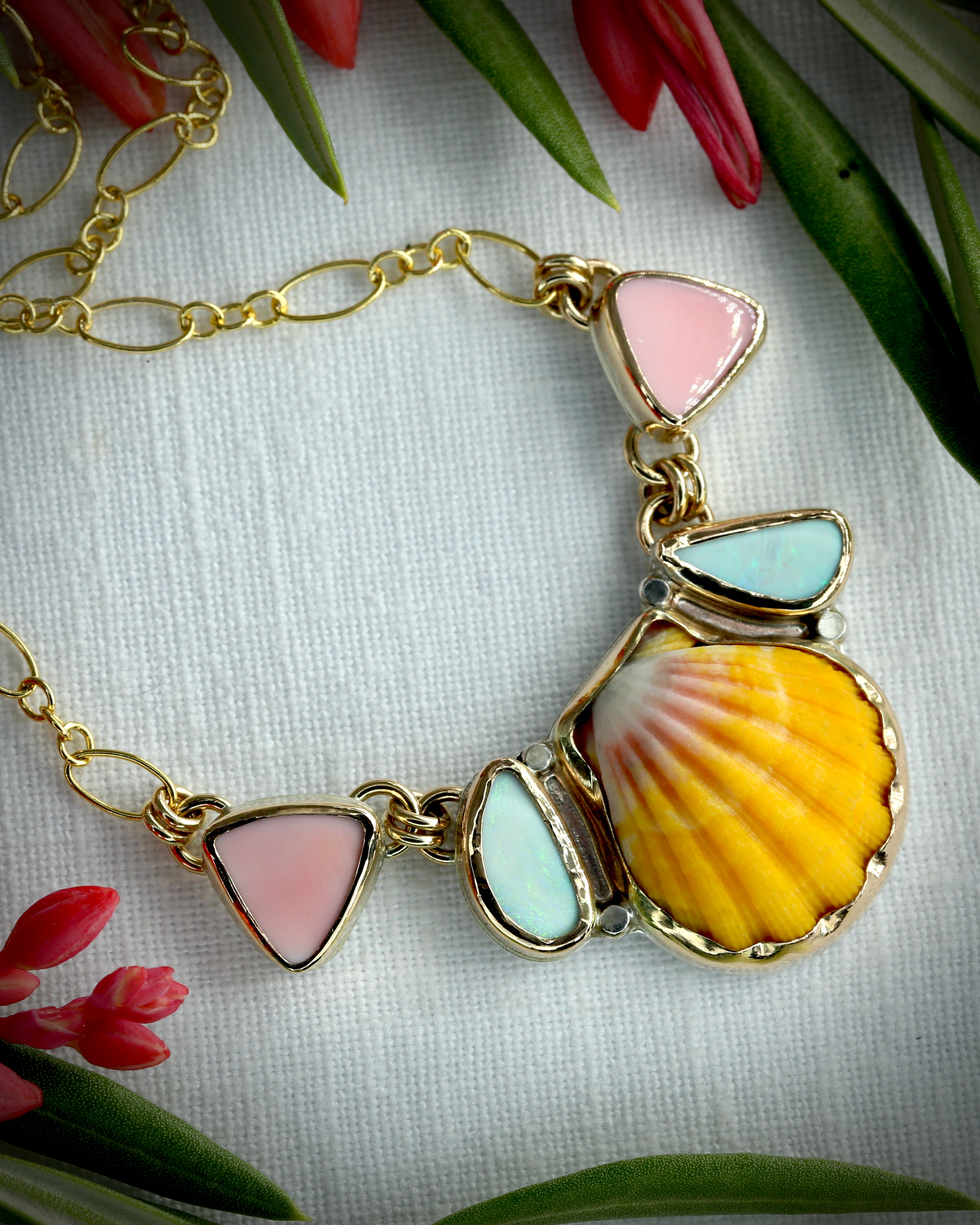 Sunrise Shell Pink Conch and Opal Necklace