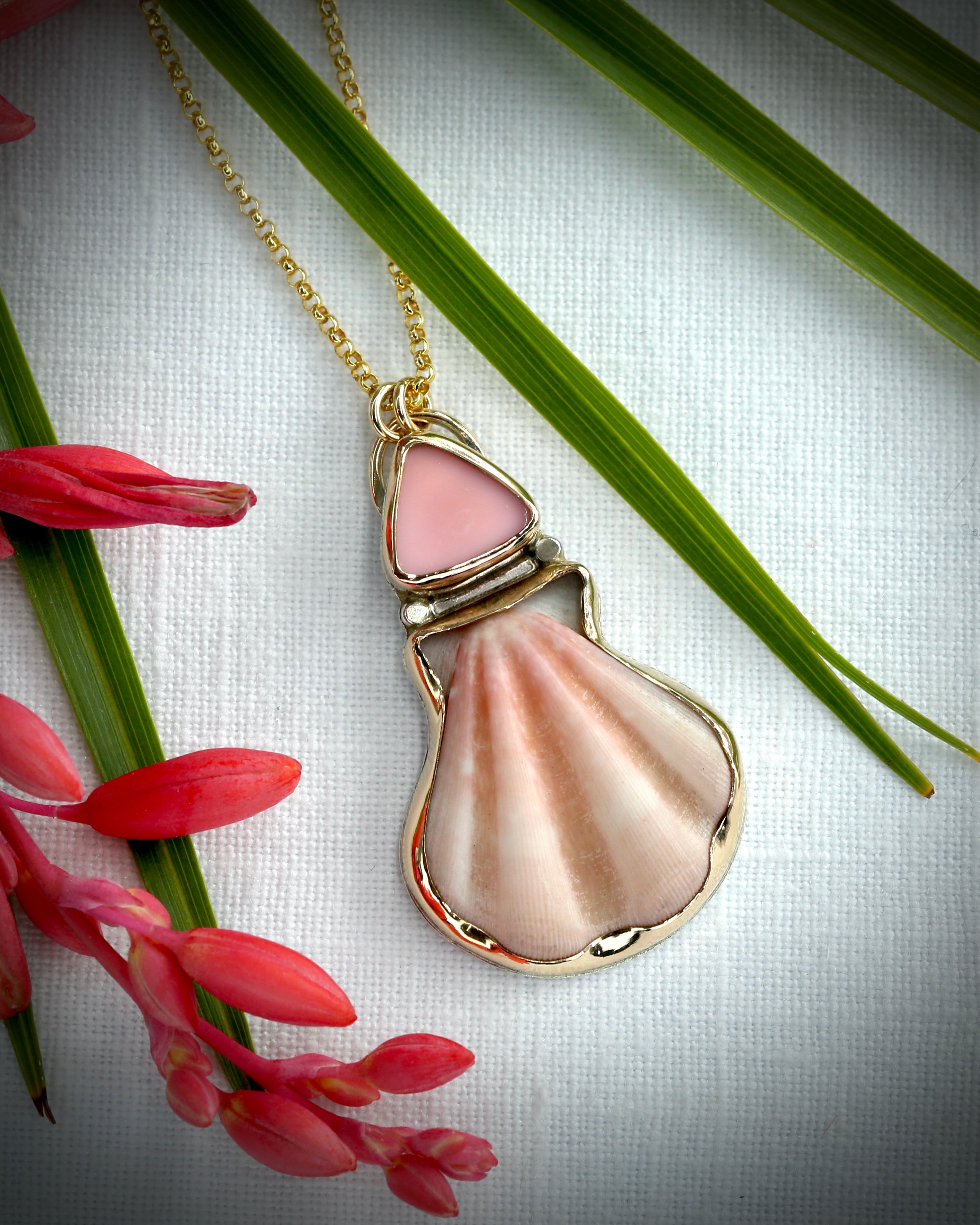Pink Scallop Shell and Queen Conch Necklace