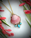Pink Scallop Shell & Turquoise Necklace