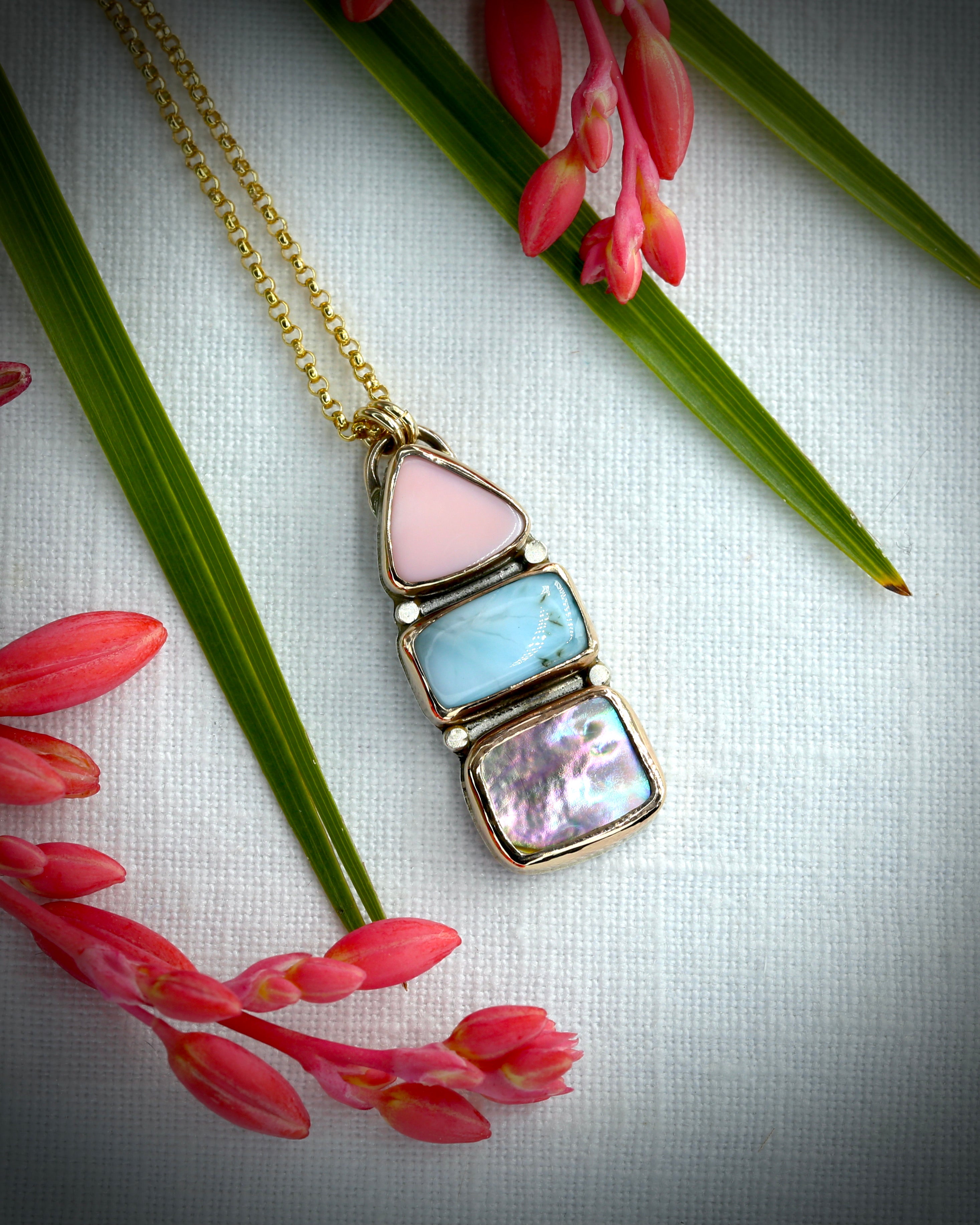Pink Conch Larimar and Abalone Necklace - 14k Gold Filled