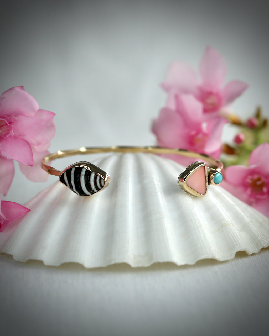 Pink Conch, Turquoise, and Sea Shell Cuff Bracelet
