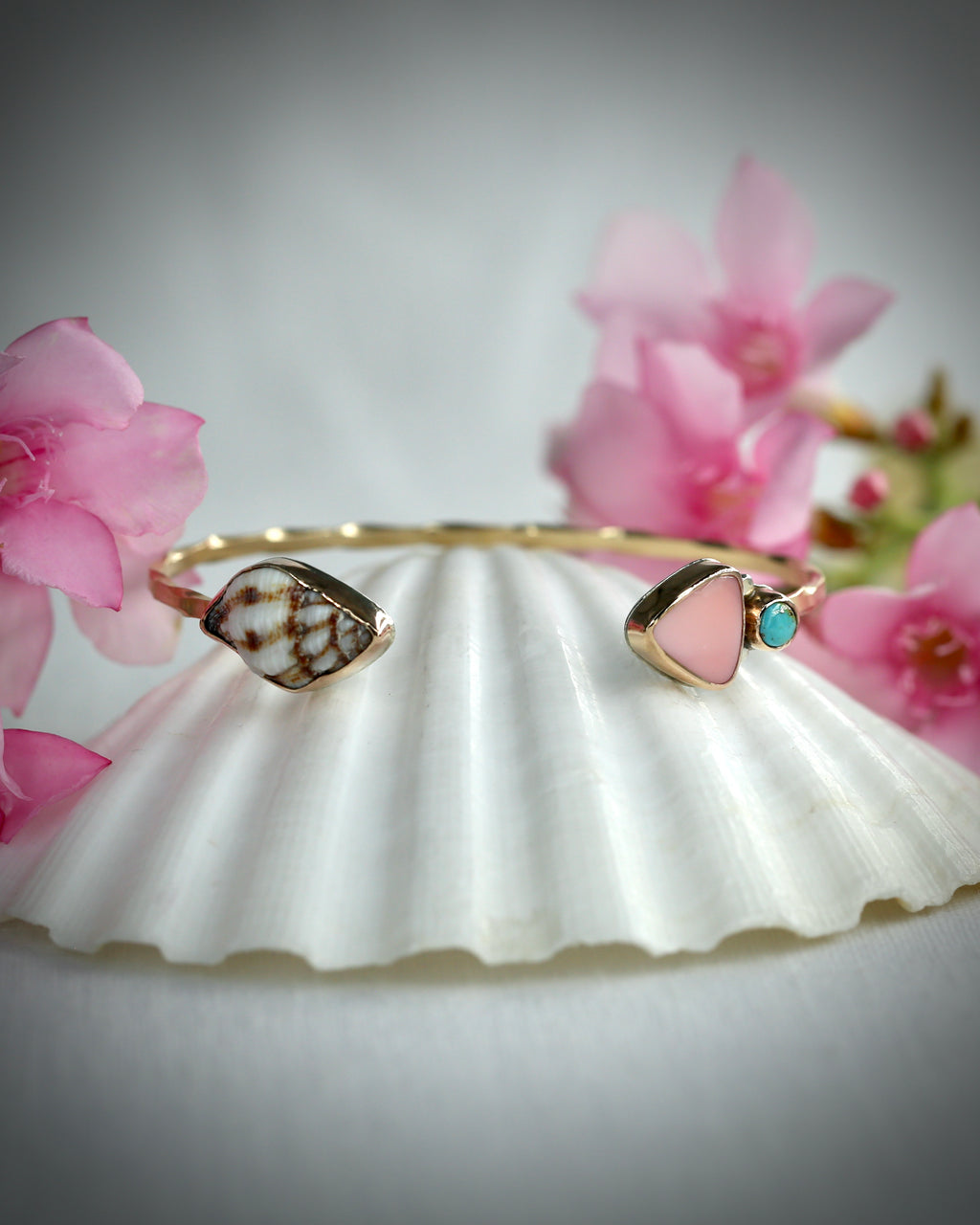 Pink Conch, Turquoise, and Sea Shell Cuff Bracelet