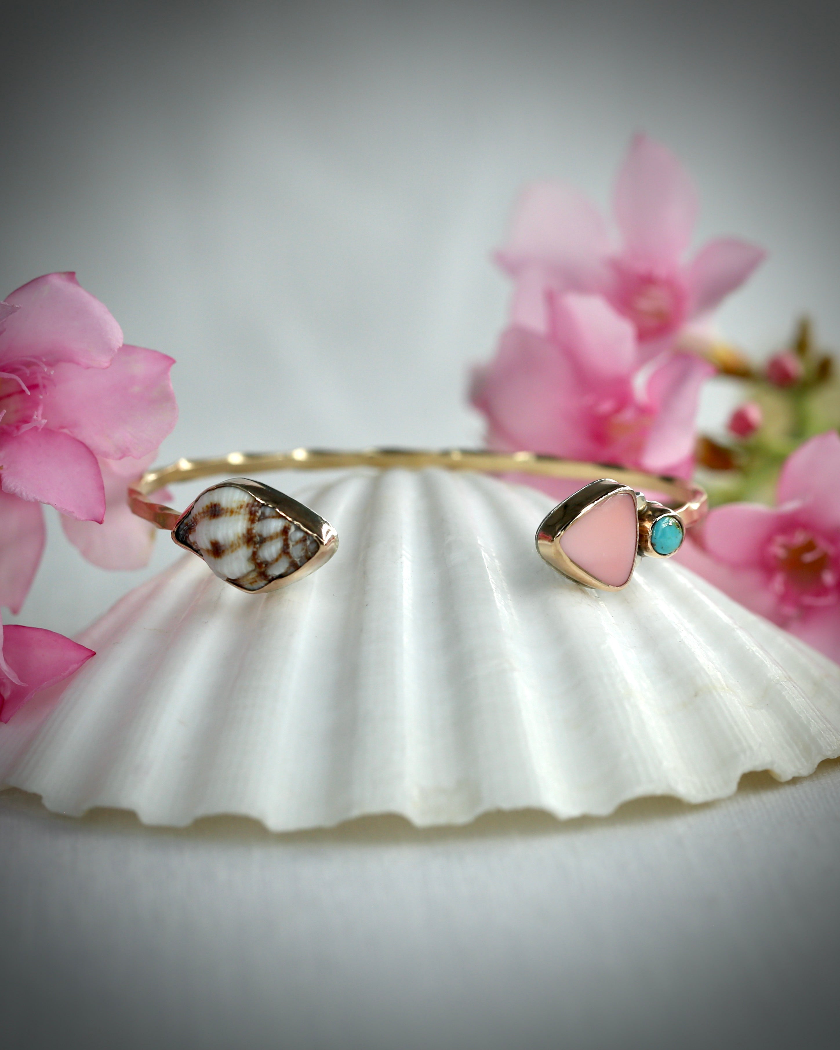 Pink Conch, Turquoise, and Sea Shell Cuff Bracelet