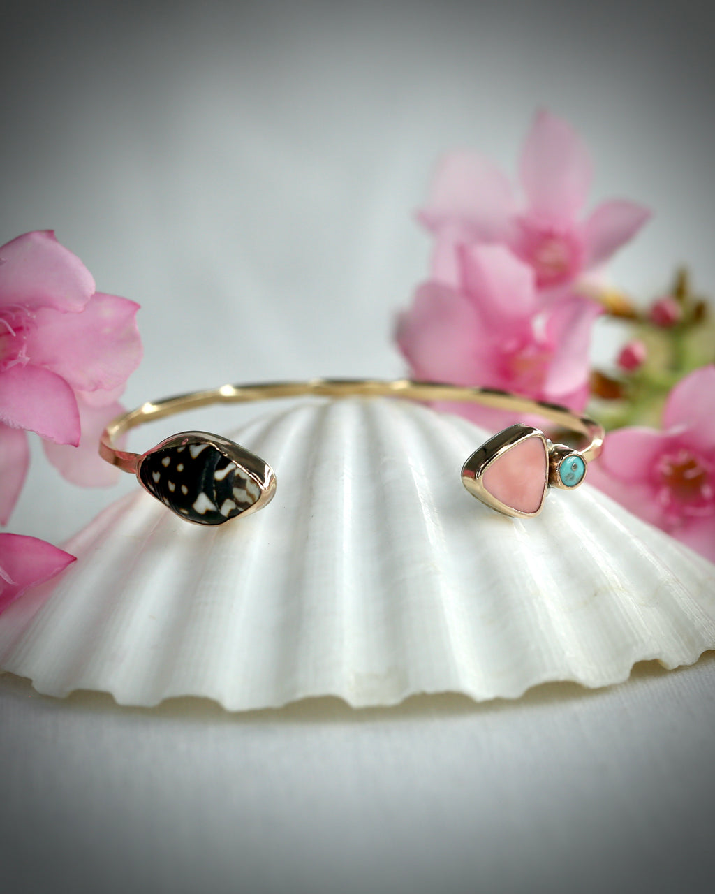 Pink Conch, Turquoise, and Sea Shell Cuff Bracelet