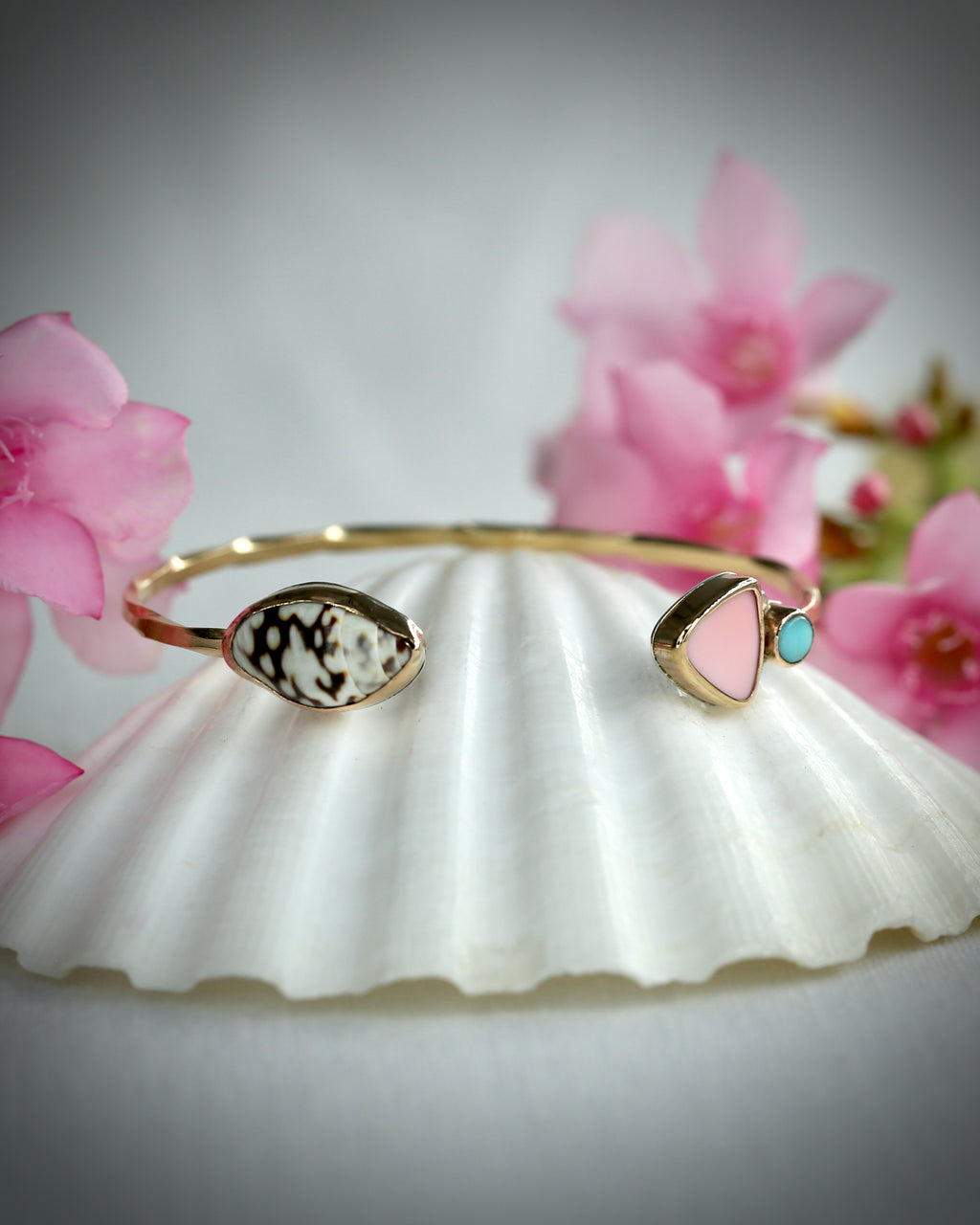 Pink Conch, Turquoise, and Sea Shell Cuff Bracelet