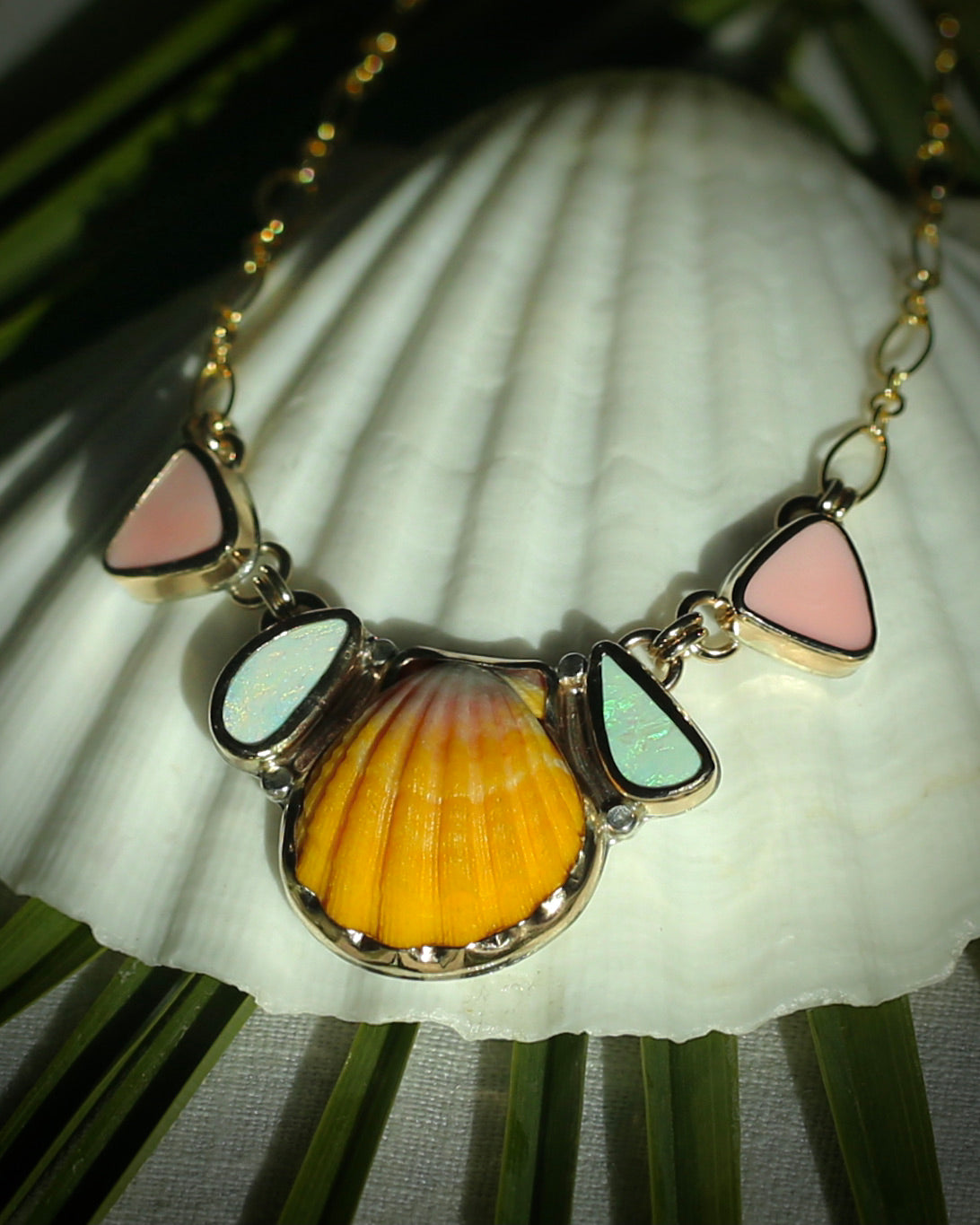 Sunrise Shell Pink Conch and Opal Necklace