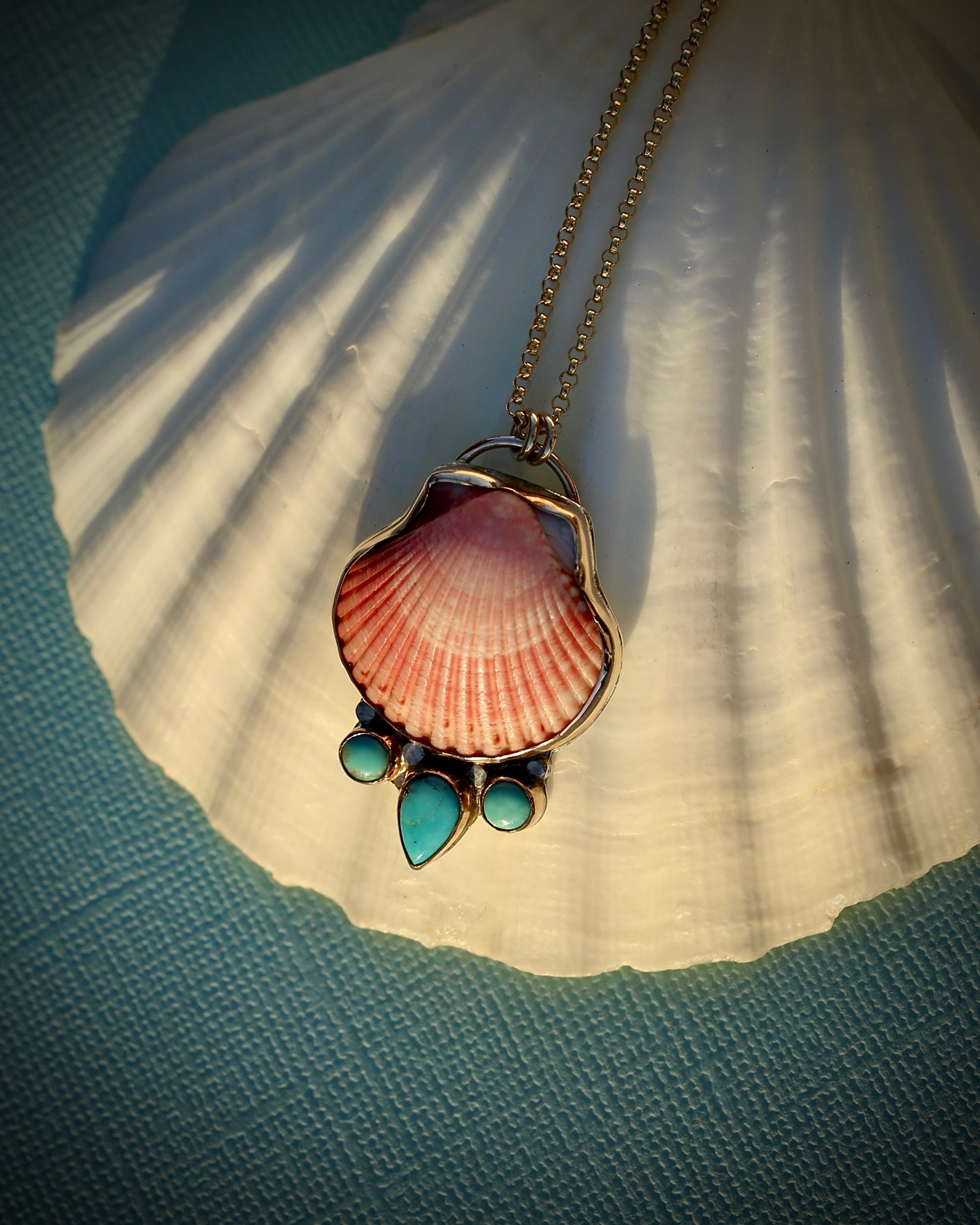 Pink Scallop Shell & Turquoise Necklace