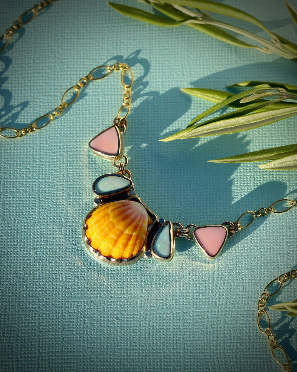 Sunrise Shell Pink Conch and Opal Necklace
