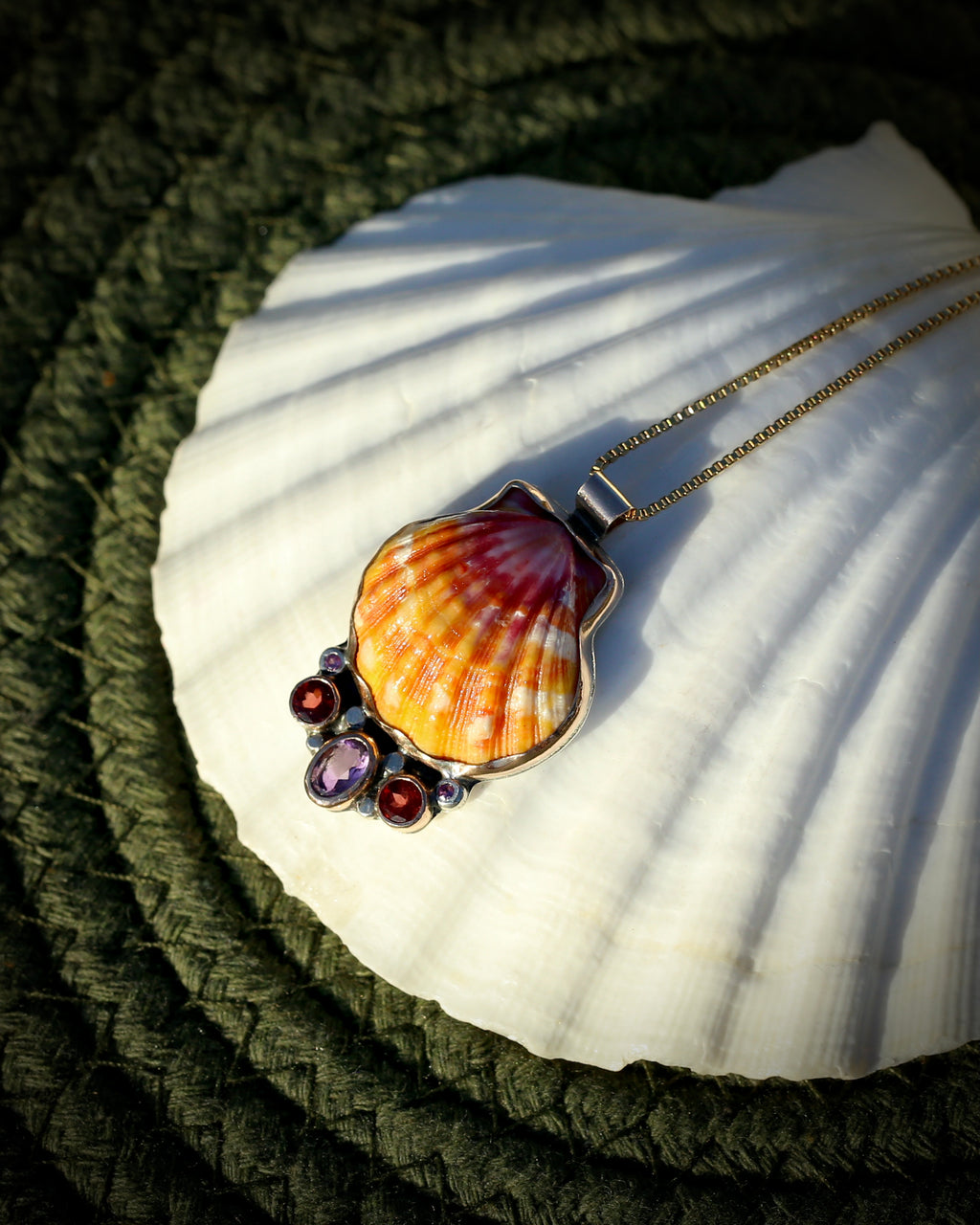 Hawaiian Sunrise Shell Sapphire and Amethyst Necklace
