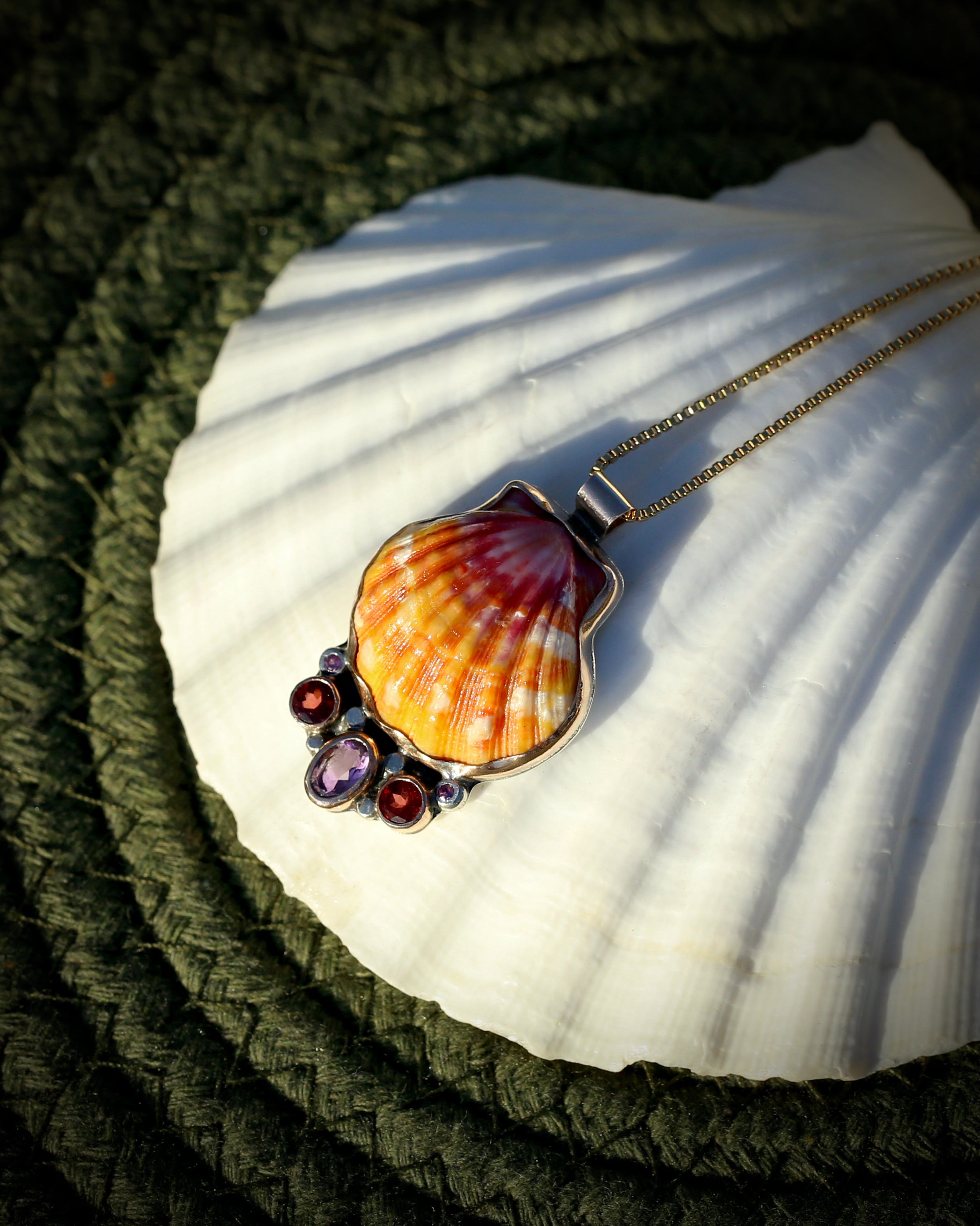 Hawaiian Sunrise Shell Sapphire and Amethyst Necklace