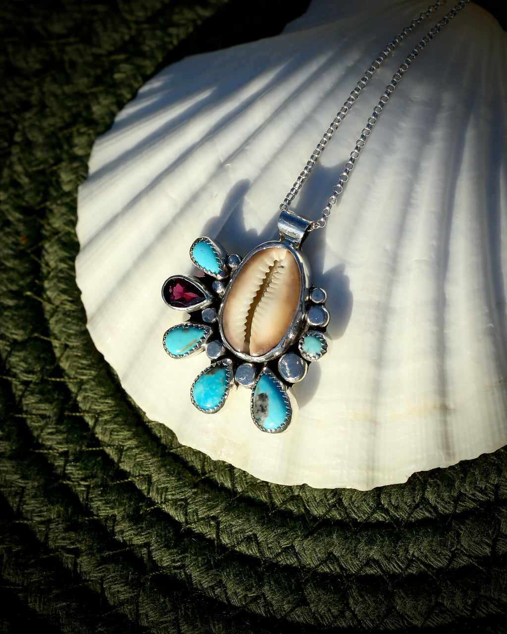 Hawaiian Cowry Shell Turquoise and Garnet Necklace