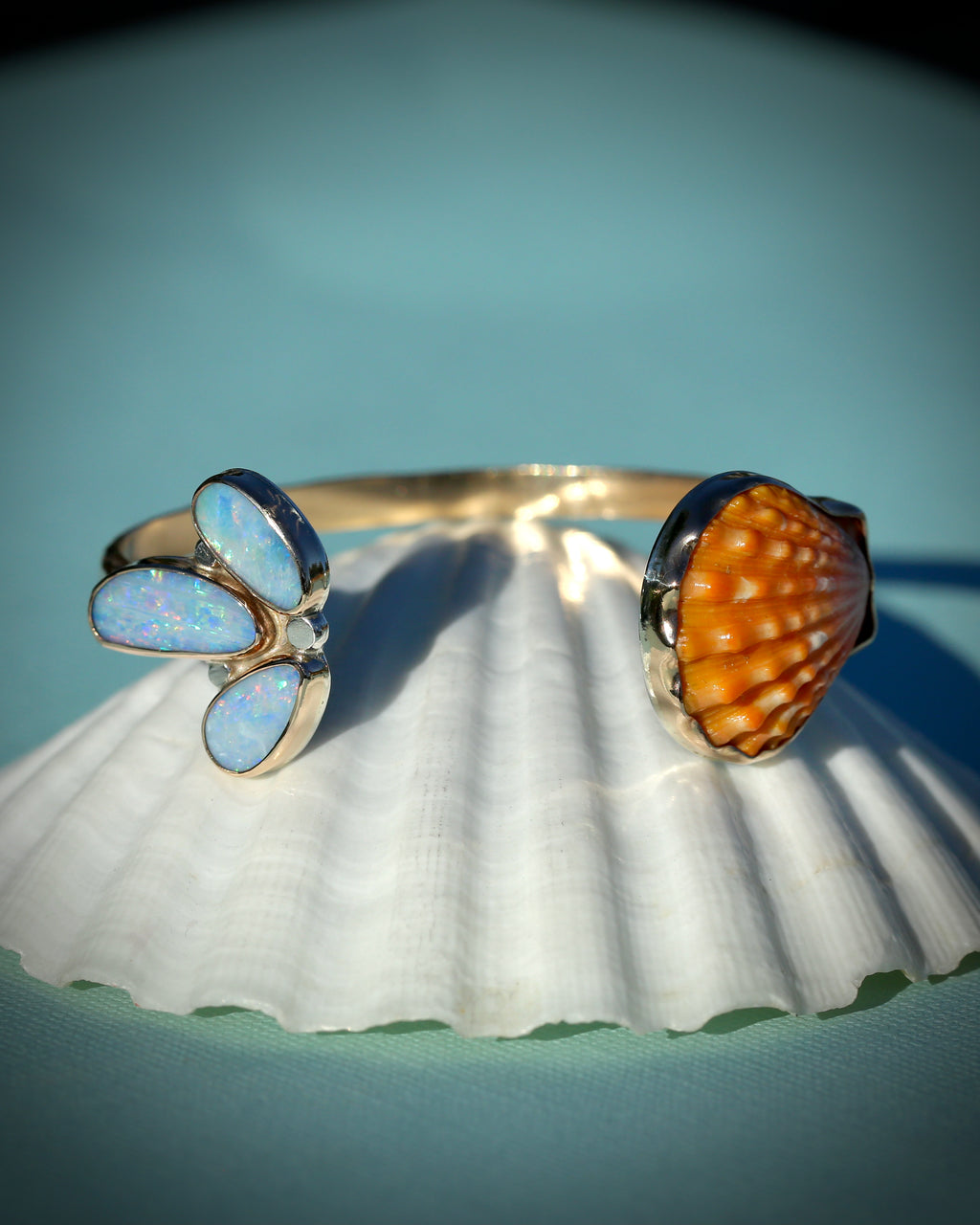 Orange Sunrise Shell and Opal Cuff Bracelet