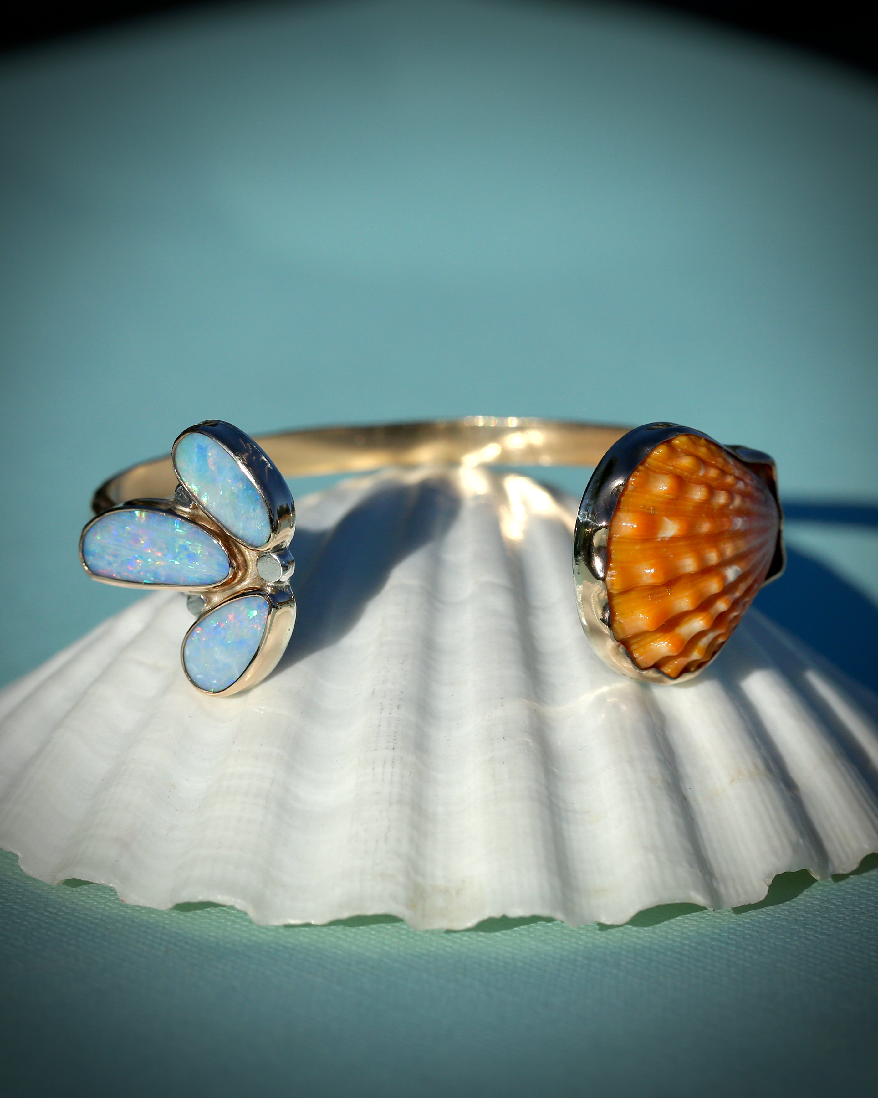 Orange Sunrise Shell and Opal Cuff Bracelet