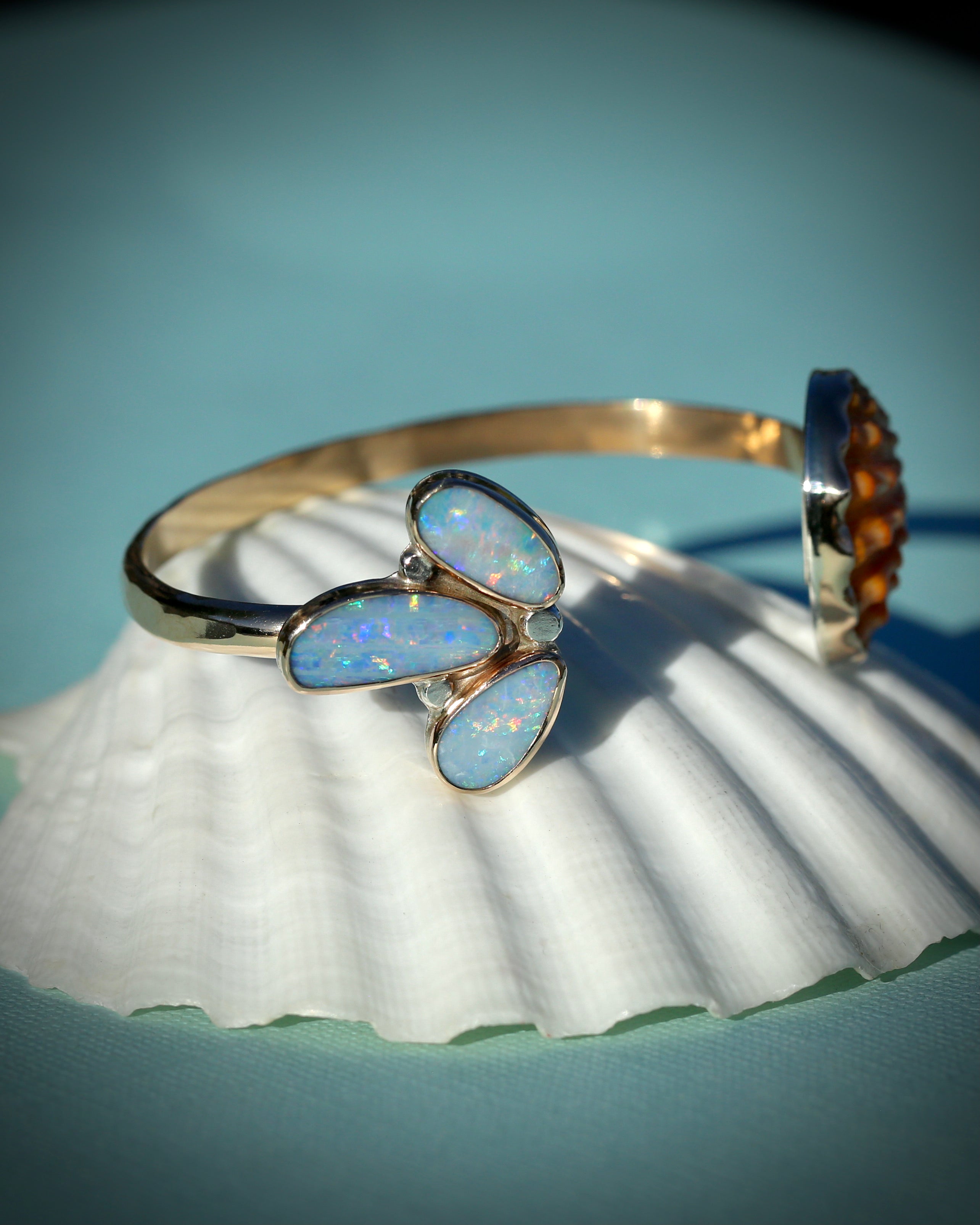 Orange Sunrise Shell and Opal Cuff Bracelet
