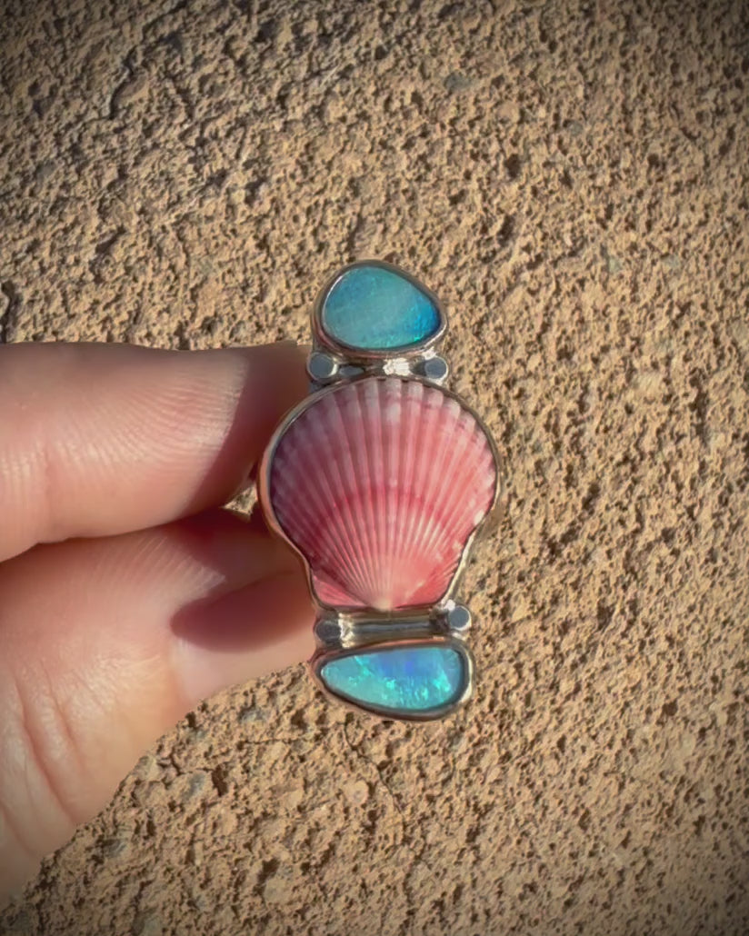 Pink Scallop Shell & Opal Ring - 14k Gold Fill Size 7.5